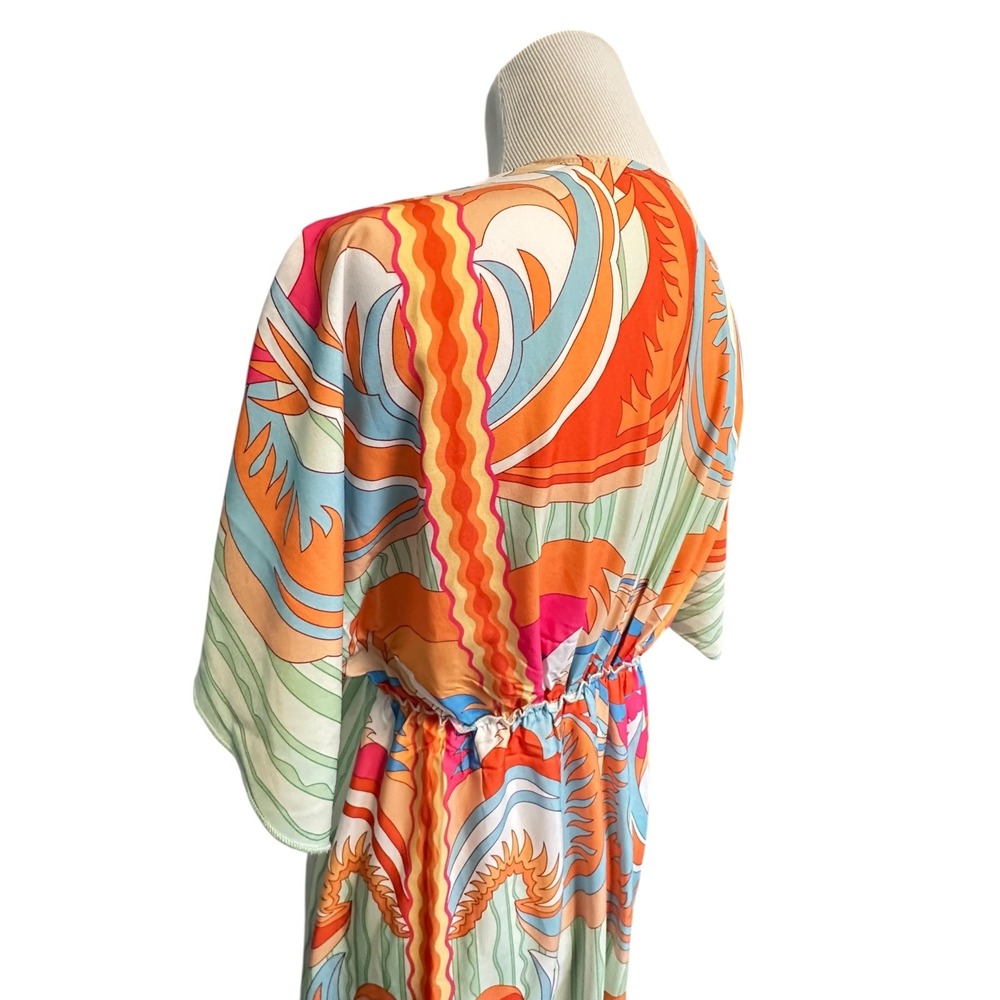 SHEIN Women's S Green Orange Abstract Print Kimono Sleeve Drawstring Maxi Dress - Picture 9 of 16